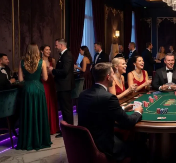 Elegancki wieczór kasynowy CSODA PLAY z graczami przy stołach pokerowych